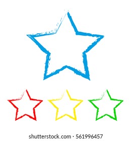 Abstract star icon in hand drawn style. Set of colored stars, isolated on white background. Vector illustration.