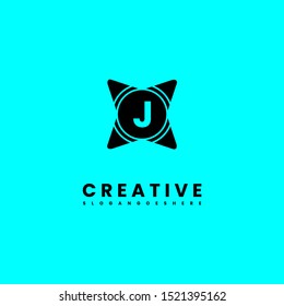 abstract star J logo letter with circle shape isolated on cyan background design concept