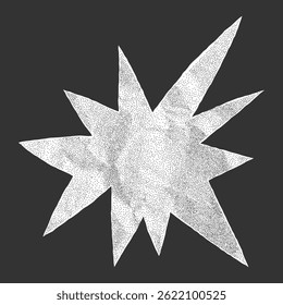 Estrela abstrata com bordas irregulares rasgadas feitas de papel branco enrugado no fundo escuro. Adesivo geométrico com superfície de meio-tom arenoso.