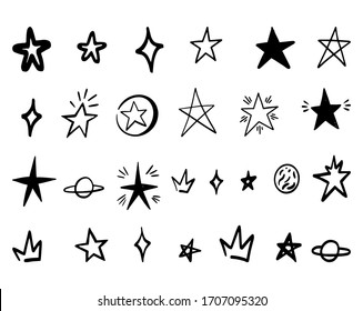 Abstract star line doodle. Hand drawn scribble stars shape elements. Cartoon marker sketch for text emphasis on white background. Underline pen graphic and highlight sketch in graffiti style