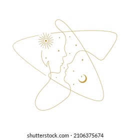Abstract star. Linear profiles of men and women. Astrology. Fate. Softness. Love. Vector.