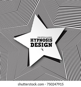 Abstract star optical illusion. Hypnosis curved spiral design concept for hypnosis, infinity, unconscious, psychic, chaos, extrasensory. Vector black - white striped banner. Hypnotic wavy pattern.