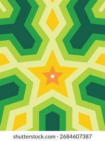 An abstract star pattern featuring concentric shapes in green, yellow, and orange tones, creating a visually appealing and decorative design for various applications.
