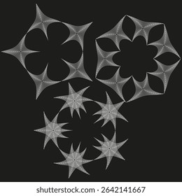 Abstract star pattern. Floral lattice vector. Twinkling motif design. Dark backdrop contrast.