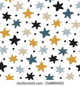 Abstract star pattern in scandinavian style for baby fabrics, home textiles, cute modern decor. Cute childish seamless print with hand drawn starry sky. Repeat wallpaper nursery. Vector illustration.