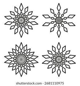 Abstract star patterns. Symmetrical Vector shapes. Monochrome floral ornament. Decorative line art. EPS 10.
