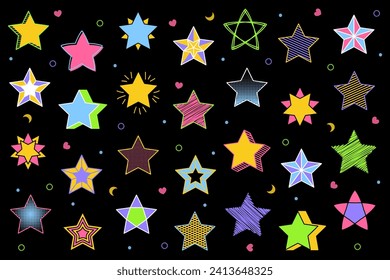 Abstract star set retro style. Star shape retro style 80s-90s. Trendy colors minimal stars modern elements. Halftone and swiss style. Set of star shapes. Vector illustration