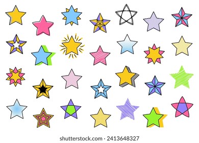 Abstract star set retro style. Star shape retro style 80s-90s. Trendy colors minimal stars modern elements. Halftone and swiss style. Set of star shapes. Vector illustration