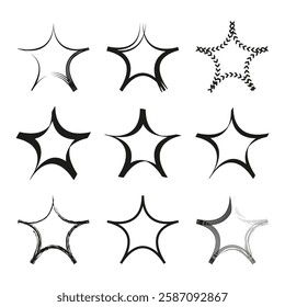 Abstract star shapes. Distorted star symbols. Geometric star forms. Black outline elements.