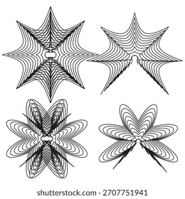 Abstrakte Sternenformen. Formen mit wellenförmigen Linien. Optisches Element Vektor. Schwarz-weißes Design-Set.