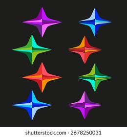 Símbolos de estrela abstratos. Formas vetoriais coloridas. Coleção de emblemas geométricos. Ilustração gráfica moderna. EPS 10.