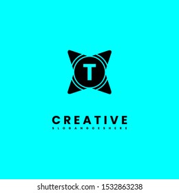abstract star T logo letter with circle shape isolated on cyan background design concept