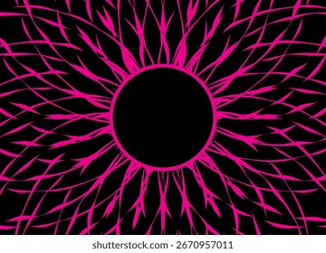 Estrela abstrata de linhas roxas finas sobre um fundo preto. Padrão de luz. Plano de fundo vetorial com um círculo para texto no centro. para capas, publicidade, embalagem. Flor espacial