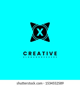 abstract star X logo letter with circle shape isolated on cyan background design concept