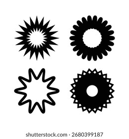 Abstrato Starburst Badge Formas Coleção e Preto Geométrico Sunburst Símbolos, Retro Mandala Ícones Florais, Elementos decorativos Radial Burst para logotipo moderno, Emblema e Design de padrões.
