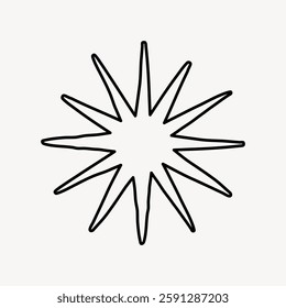 Abstract starburst design with sharp, pointed edges. Black lines form a starburst pattern. Minimalist starburst illustration on a white background. Star element vector.