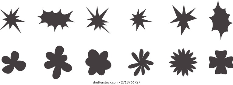 Abstractas starburst y colección de forma de flor en estilo minimalista audaz. Salpicaduras geométricas decorativas y símbolos orgánicos para el Diseño gráfico moderno. Elementos de Vector limpios ideales para logotipos, patrones,
