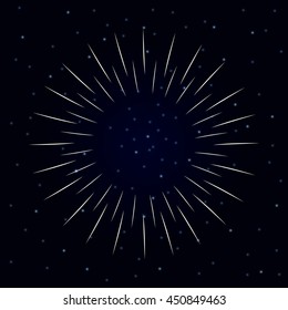 Abstract starburst frame on black starry sky background. Retro vintage design. Sun pattern icon. Shine sunlight symbol. Old ray decoration. Futuristic style card with place for your logo. Vector 