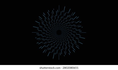 Abstract starburst lines in spiral pattern on black background, futuristic speed light tunnel.