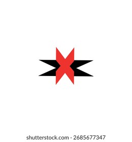 Abstract Starburst Logo Vector Icon. Modern Geometric Red 'X' Symbol with Black Horizontal Arrows. Minimalist Dynamic Brand Identity Mark.

