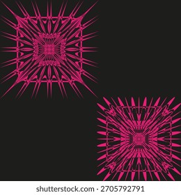 Abstractas patrón de estallido estelar. Brillante explosión magenta. Fondo de Vector negro oscuro. Forma vibrante simétrica