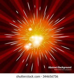 Abstract starburst red background. Cool background for holiday with firework. Radial motion lines in perspective with light. Abstract background in vector