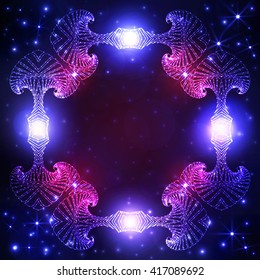 Abstract stardust decorative frame on dark blue and violet gradients background with twinkling stars and lights