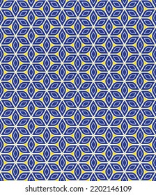 Resumen del fondo del patrón de estrellado. Patrón geométrico colorido. Diseño gráfico moderno. Forma de flor azul y blanca sobre fondo de color amarillo.
