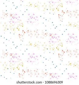 Abstract stardust seamless pattern. Neon dotted spots on white baclground.