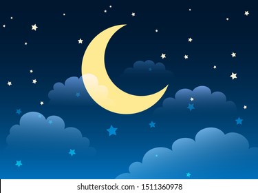 Abstract starry night sky with moon and clouds in cartoon style. Vector illustration