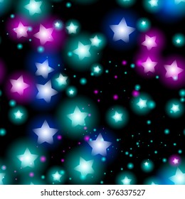 Abstract starry seamless pattern with neon star on black background. Galaxy Night sky with stars. Vector