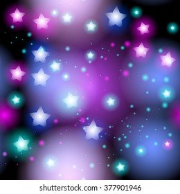 Abstract starry seamless pattern with neon star on bright pink and lilac, blue black background. Galaxy Night sky with stars. Vector