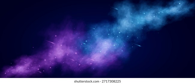 Abstract starry sky background with glowing stars and falling colorful comets into deep space. Futuristic universe scene for astronomy or modern galaxy design. Vector illustration.
