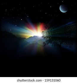 abstract stars background with mountains tree and sunrise
