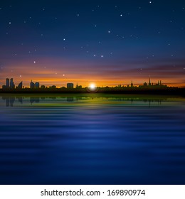 Abstract Stars Background With Sunset And Silhouette Of Tallinn