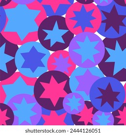 Abstract stars and circles seamless pattern. Violet, pink and blue colors.