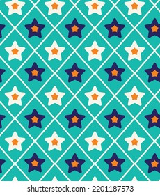 Abstract Stars Diagonal Stripes Seamless Multicolor Vector Retro Pattern Trendy Fashion Colors Perfect for Allover Fabric Print or Wrapping Paper Tiffany Blue Navy Blue Orange Tones