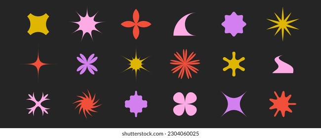 Abstract stars, flowers, waves, sunburst shapes set. Primitive geometric forms collection in Swiss, bauhaus or Memphis style. Brutalist elements bundle for poster, banner, collage. Vector signs pack. 