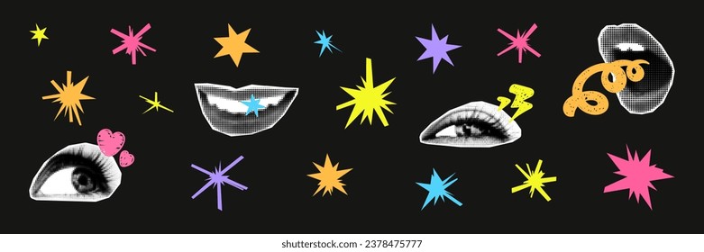 Abstract stars and halftone collage elements set. Hand drawn geometric shapes, cutout female eyes and mouths, smiling lips, modern retro grunge punk sticker design. Trendy vector illustration