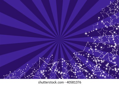 Abstract stars on a blue sunburst background.