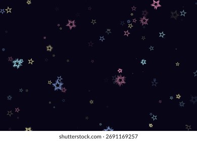 Abstract stars pattern design featuring various colorful translucent stars spread on a dark purple backdrop. Starry sky design elements for background use.