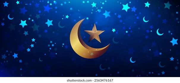 abstract stars pattern on light blue background with golden crescent moon islamic vector illustration