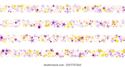Abstract stars scattered vector background. Christmas decorative particles in purple yellow colors. Bright star random fragments. Joy concept. Starburst design.