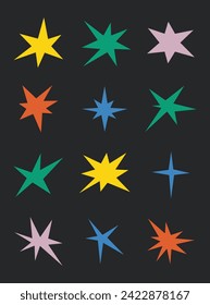 Abstract  stars set. Groovy star in trendy retro 90s  cartoon style. Vector illustration.