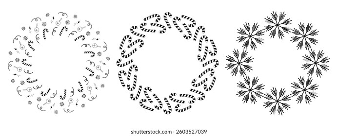 Abstract Stars Snowflakes Candy Cane Christmas or New Year Circular Frame Copy space Template Set 3