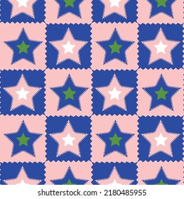 Abstract Stars Zigzag Details Seamless Pattern Trendy Fashion Colors Elegant Design Repeated Vector Royal Blue Pastel Pink Tones
