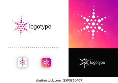 Abstract star-shaped logo made of dots, symbolizing innovation, technology, and connectivity. Perfect for digital brands, media, biotech, and creative industries. Dotted modern vector logo.