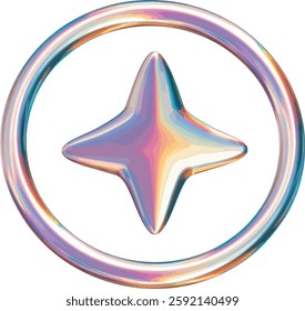 An abstract star-shaped object with a futuristic design and a chromatic, multicolored effect. Its surface has a reflective appearance with a holographic gradient featuring shades of purple, blue, gold