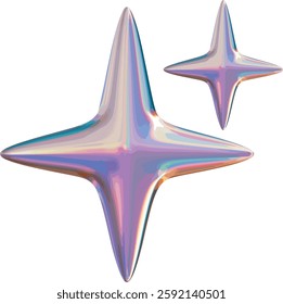 An abstract star-shaped object with a futuristic design and a chromatic, multicolored effect. Its surface has a reflective appearance with a holographic gradient featuring shades of purple, blue, gold