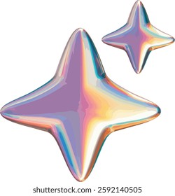 An abstract star-shaped object with a futuristic design and a chromatic, multicolored effect. Its surface has a reflective appearance with a holographic gradient featuring shades of purple, blue, gold